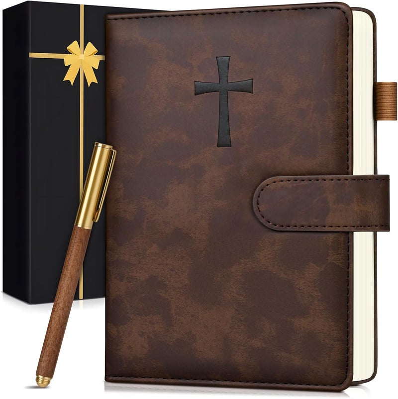 PAPEJOON Leather Christian Bible Journal for Men, Prayer Journal for Scripture Study & Daily Devotional, Undated Church Notes Notebook, Jesus Religious Faith Gifts for Pastor, Graduation, Brown - Image 1